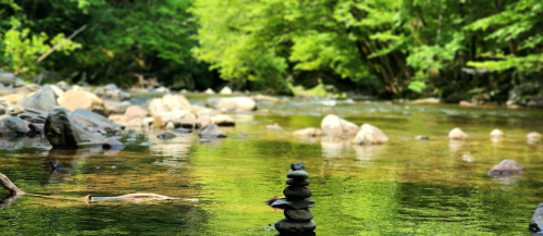 A serene river scene with stacked stones in the foreground and lush greenery reflecting in the calm water.