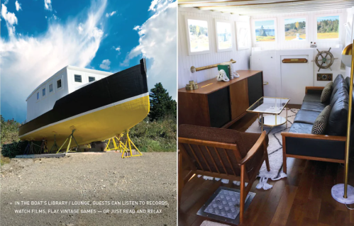 A boat on land with a cozy interior featuring seating, a library, and vintage decor for relaxation and entertainment.