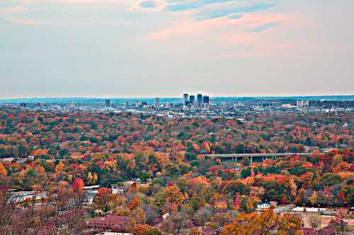 A panoramic view of a city skyline surrounded by vibrant autumn foliage under a cloudy sky.