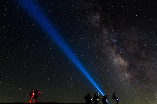 Silhouettes of people with flashlights under a starry sky, featuring the Milky Way in the background.