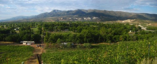 A panoramic view of lush green fields and mountains under a blue sky, with scattered buildings in the foreground.