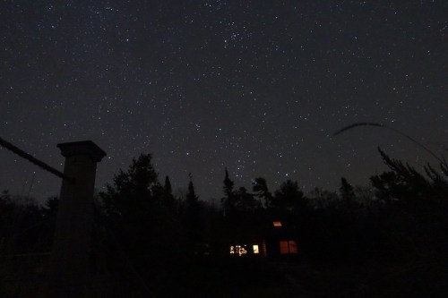 A starry night sky above a dark forest, with a warm glow from a cabin window in the foreground.