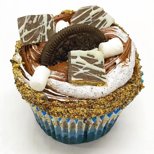 A chocolate cupcake topped with frosting, crushed graham crackers, an Oreo, marshmallows, and chocolate squares.