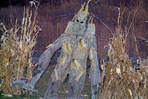 A spooky figure resembling a scarecrow stands among dry corn stalks in a dimly lit field.
