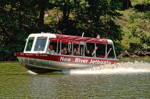 A jetboat with passengers speeds across a river, surrounded by lush greenery. The boat is labeled "New River Jetboats."