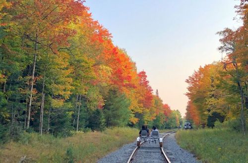 Two people ride a small rail cart along a train track surrounded by vibrant autumn foliage.
