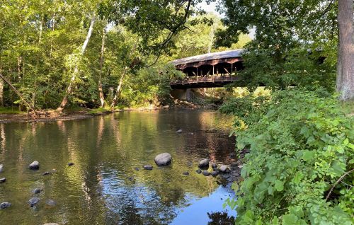 A serene scene of a covered bridge over a calm river, surrounded by lush green trees and foliage.