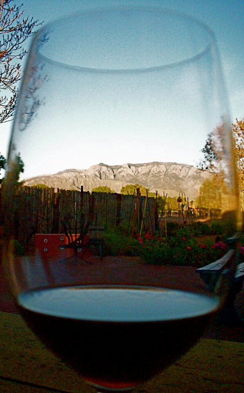 A glass of red wine in the foreground, with a scenic mountain view and garden in the background.