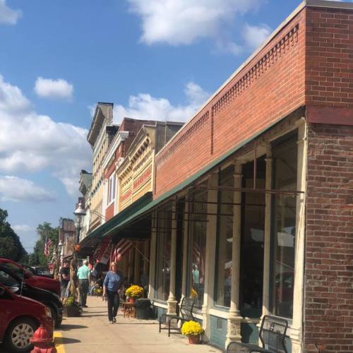 A charming small-town street with brick buildings, shoppers, and colorful flower pots under a blue sky.