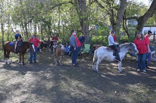 A group of people with ponies in a wooded area, some children riding while others stand nearby.
