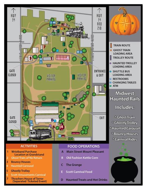 Map of Midwest Haunted Rails, featuring attractions like a ghost train, bouncy houses, and food operations.