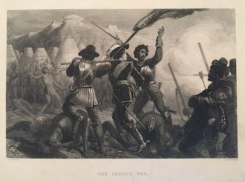 An illustration depicting a battle scene from the Pequot War, featuring soldiers and Native Americans in conflict.