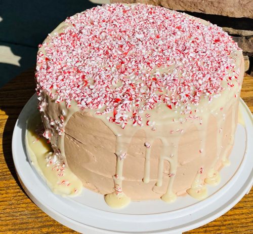A round cake topped with crushed peppermint and drizzled with white chocolate, sitting on a white plate.