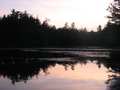 A serene lake at sunset, surrounded by trees, with reflections of the sky and foliage on the water's surface.