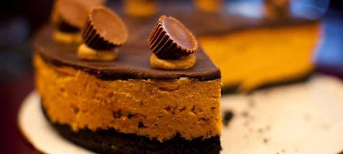 A slice of chocolate and peanut butter cheesecake topped with mini peanut butter cups on a dark crust.