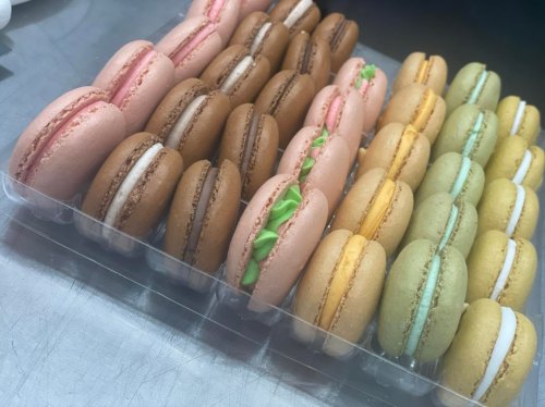 A variety of colorful macarons arranged in a clear container, featuring pink, brown, green, yellow, and mint colors.