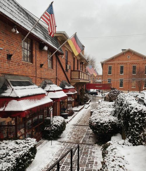 A snowy street scene featuring brick buildings, flags, and neatly trimmed hedges.
