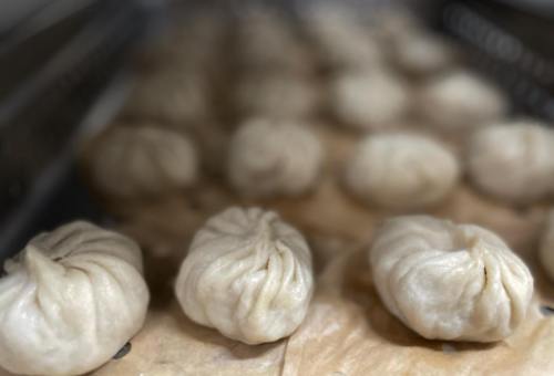 A close-up of freshly made dumplings arranged on parchment paper, ready for cooking.