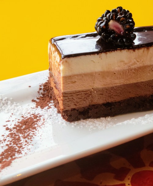 A slice of layered chocolate mousse cake topped with a blackberry, served on a white plate with cocoa powder.