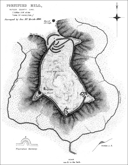 Map of Fortified Hill in Butler County, Ohio, surveyed in 1886, showing contours and features of the site.