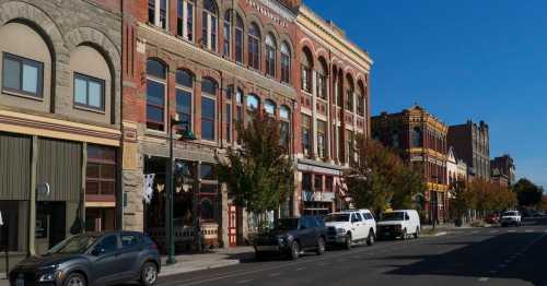 Historic brick buildings line a street, with parked cars and trees under a clear blue sky.