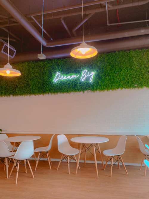 A cozy café interior featuring white tables, chairs, and a green wall with a neon sign that says "Dream Big."