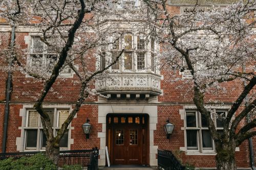 A brick building with a wooden door, framed by blooming cherry blossom trees.