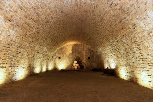 A spacious, arched stone cellar with warm lighting and stacked wooden barrels in the background.