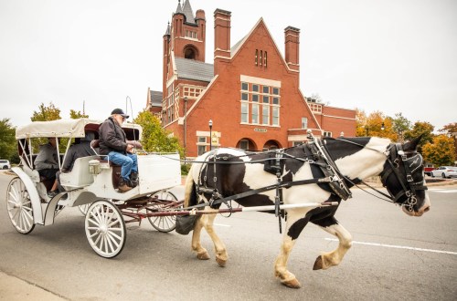 A horse-drawn carriage with passengers passes by a historic red brick building on a cloudy day.