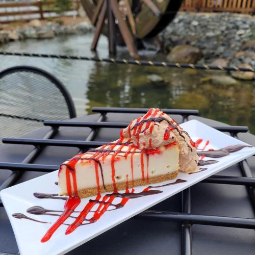 A slice of cheesecake drizzled with red sauce and topped with whipped cream, served on a white plate by a pond.