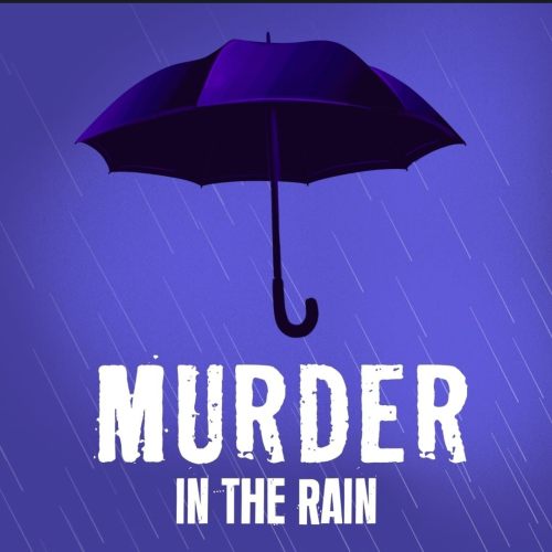 A purple umbrella against a rainy backdrop with the text "Murder in the Rain" in bold white letters.