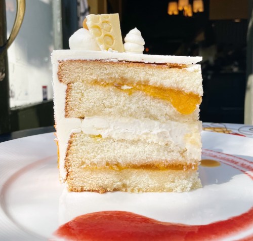A slice of layered cake with cream, fruit filling, and decorative toppings on a white plate.