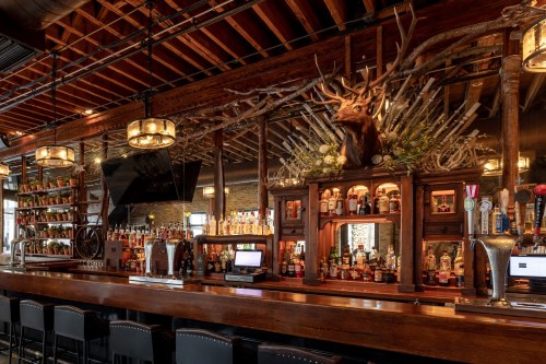 A rustic bar with wooden beams, a mounted deer head, and shelves filled with various bottles and taps.