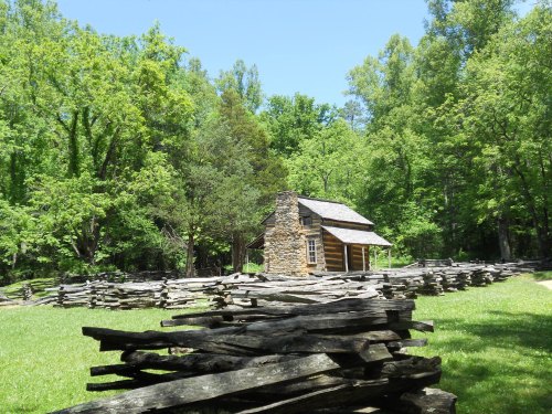 A rustic log cabin surrounded by lush green trees and a wooden fence in a serene natural setting.