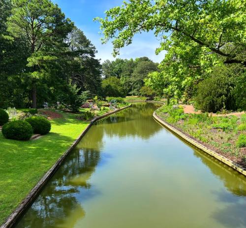 A serene canal surrounded by lush greenery and trees under a clear blue sky.