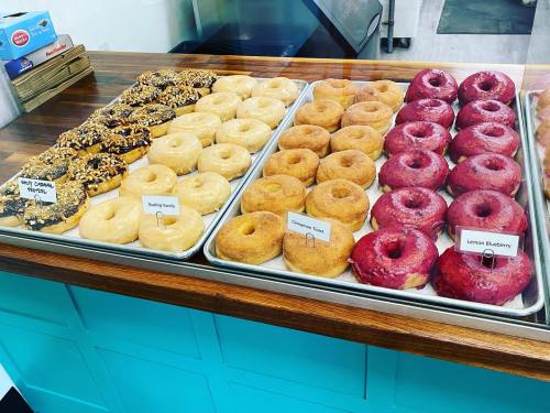 A display of assorted donuts, including chocolate, vanilla, and lemon blueberry, arranged on trays behind a glass case.