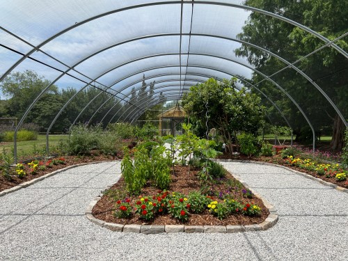 A lush garden with vibrant flowers and plants, enclosed by a curved metal structure, under a bright sky.