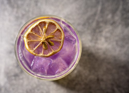 A refreshing purple drink with ice and a dried lemon slice on top, set against a textured gray background.