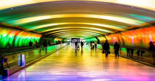 A brightly lit airport corridor with colorful lighting and silhouettes of travelers walking through.