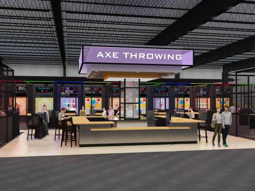 A modern axe throwing venue with targets, seating areas, and colorful lighting, bustling with people.