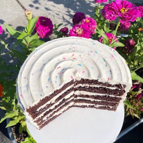 A layered chocolate cake with white frosting and colorful sprinkles, partially sliced, surrounded by vibrant flowers.