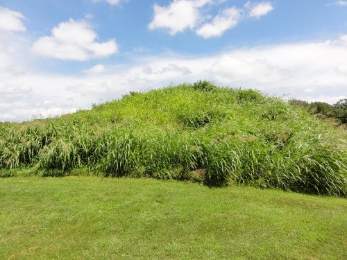 A grassy mound surrounded by green grass under a partly cloudy sky.