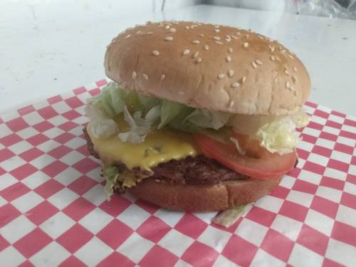 A sesame seed bun burger with cheese, lettuce, tomato, and pickles on a red and white checkered paper.