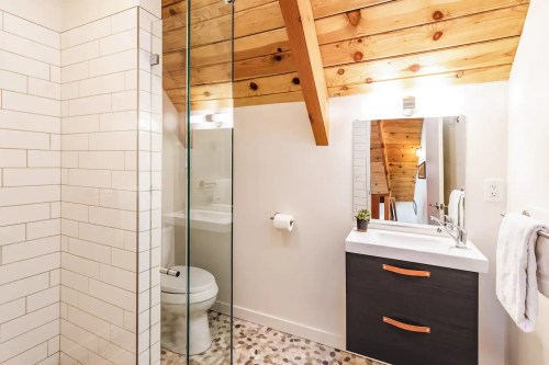 Modern bathroom with wooden beams, glass shower, white tiles, and a sleek vanity with a mirror and plant.