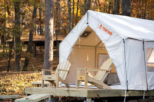 A white tent with wooden chairs on a deck, surrounded by autumn trees in a forest setting.