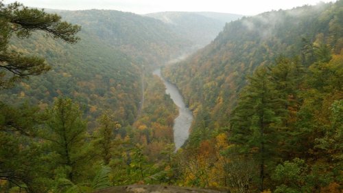 A scenic view of a winding river surrounded by lush, colorful trees in a misty valley.