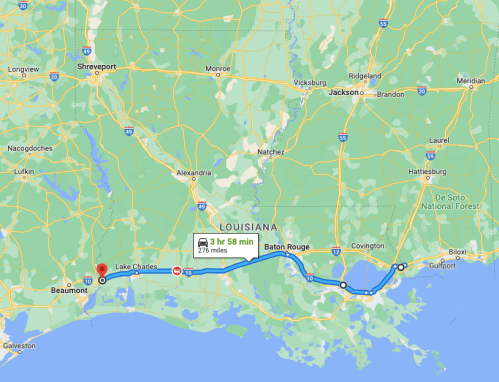 Map showing a route from Beaumont, Texas, to Lake Charles, Louisiana, highlighting highways and distances.
