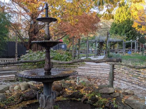 A three-tiered fountain surrounded by autumn foliage and a winding path in a serene garden setting.