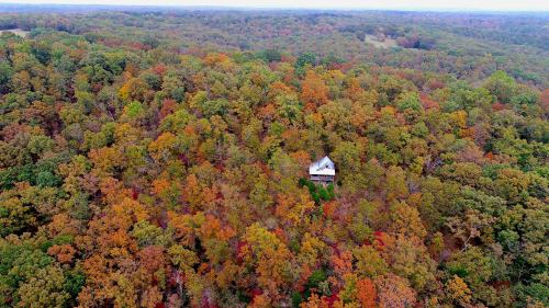 Aerial view of a solitary white house surrounded by vibrant autumn foliage in a dense forest.