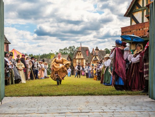 A lively medieval festival scene with performers and spectators in period costumes, set against charming buildings.